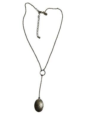 Baked Beads Y Necklace Silvertone Oval Pendant 16 - 19 inches Long